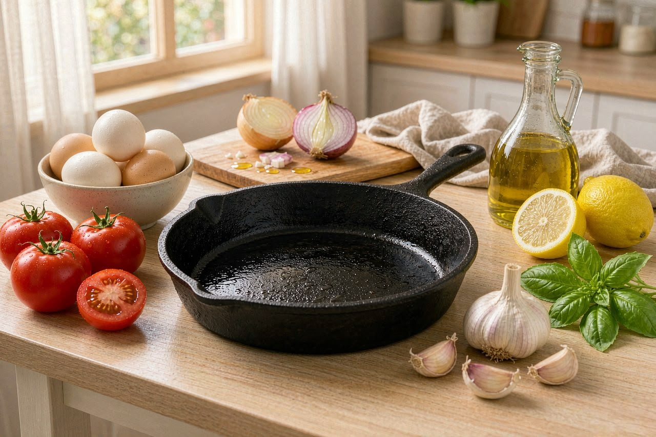 A pan with fresh ingredients ready for cooking